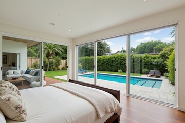 Fototapeta premium Modern bedroom overlooking pool and garden with spacious patio and luxurious interiors.
