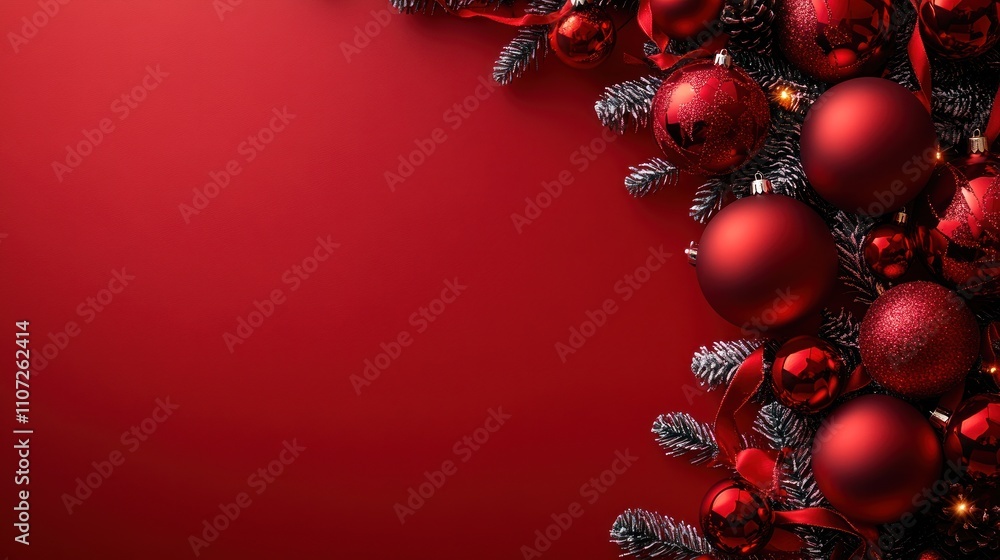 Poster red christmas ornaments and pine branches on a red background with copy space.