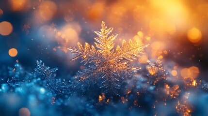A sparkling snowflake glimmers in a blue and orange background, capturing the essence of winter beauty with vibrant, shimmering details.