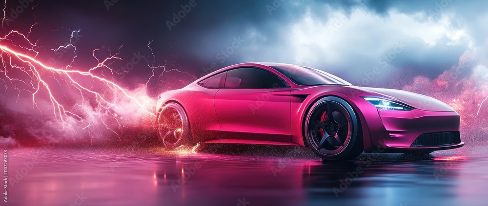Poster a futuristic car in a dramatic setting with lightning effects and a reflective surface.