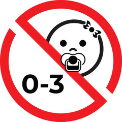 Not suitable for children under 3 years prohibition sign with crossed out baby face and 0-3 - isolated vector packaging information