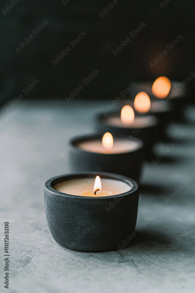 Poster serene alignment of glowing candles creating a tranquil atmosphere for meditation and reflection in 