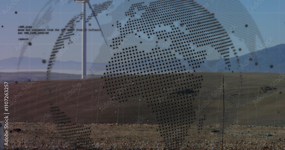 Poster image of globe and processing data over wind turbine in landscape