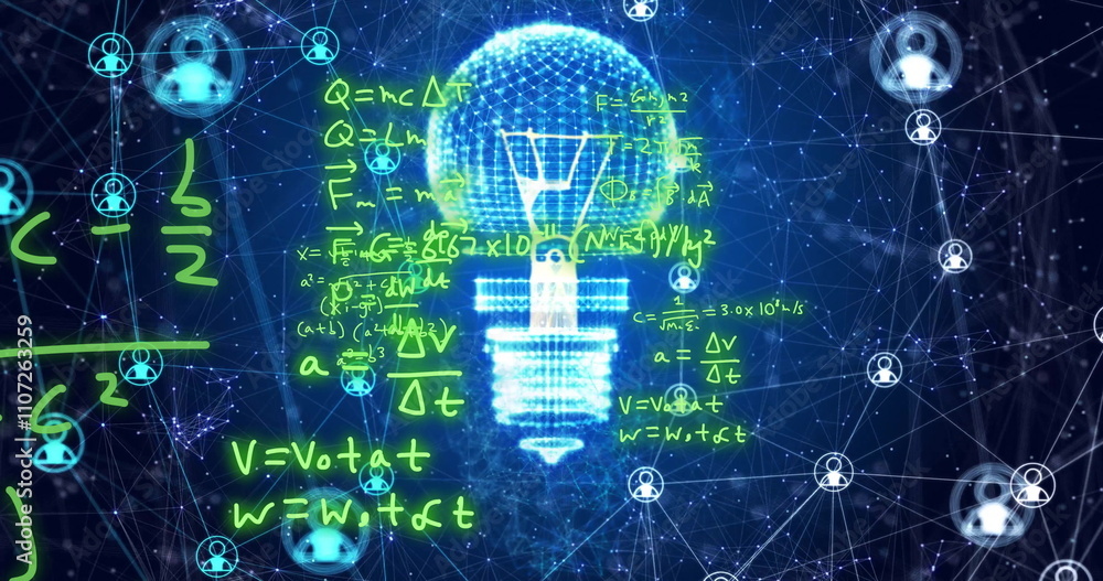 Poster image of mathematical equations and icons over light bulb and networks