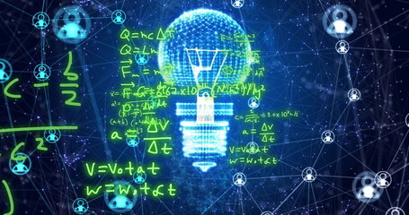 Image of mathematical equations and icons over light bulb and networks
