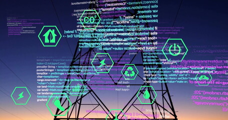 Image of ecology icons and data processing over electric pylon