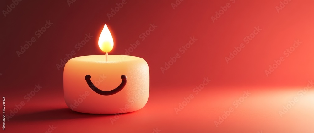 Poster a cheerful candle with a smiling face and a warm flame on a softly lit surface.