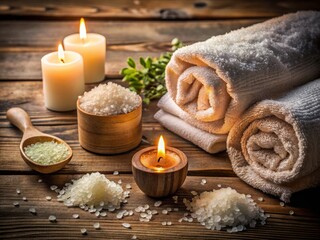 Tranquil Spa Composition Featuring Sea Salt, Elegant Candles, and Soft Towels on a Rustic Wooden Background for Relaxation and Wellness Themes