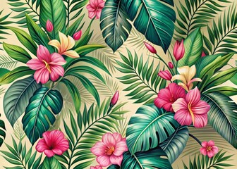Naklejka premium Tropical Leaf Art Print with Pink Flowers - Vintage Botanical Design for Stylish Home Decor, Wallpaper, Covers, Banners, Posters, and Cards