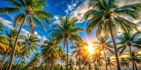 Tropical Bliss - A Stunning Low Light Photography of Palm Trees Swaying in the Breeze Under the Golden Sunlight of a Relaxing Tropical Paradise