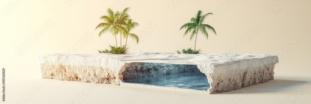 Poster a surreal depiction of a floating island with palm trees and a hidden water body.