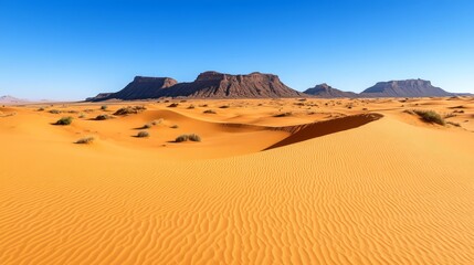 Vast orange sand dunes and distant mountains under a clear blue sky.