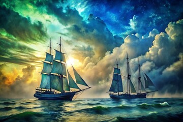 Obraz premium Two Sailing Ships in Silhouette Navigate Choppy Waters with a Beautiful Watercolor Effect Capturing the Essence of the Sea and Adventure in Dynamic Weather Conditions