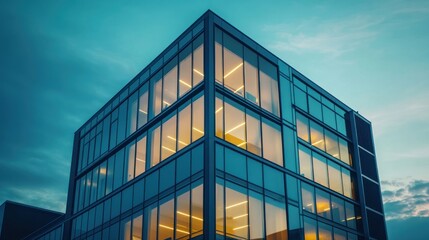 Modern Suburban Office Building Glowing at Twilight with Warm Reflections