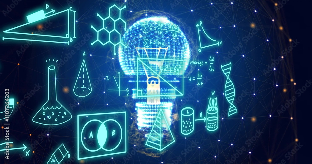 Poster image of mathematical equations and icons over light bulb and networks
