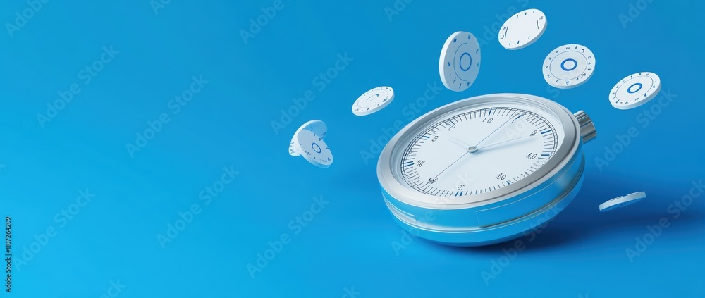 Poster a stopwatch surrounded by floating clock elements on a blue background, symbolizing time.