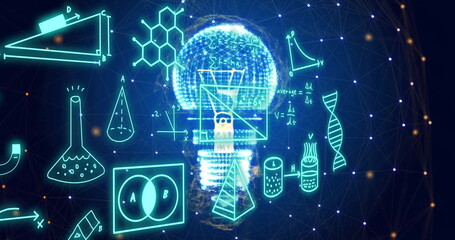 Image of mathematical equations and icons over light bulb and networks