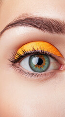 Obraz premium Surgery eyelid rejuvenation concept. A close-up of an eye with vibrant orange eyeshadow, showcasing long eyelashes and beautifully defined features.