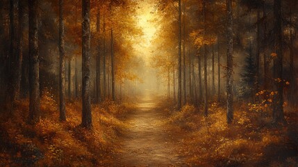 Fototapeta premium Autumnal forest path with golden light filtering through trees.