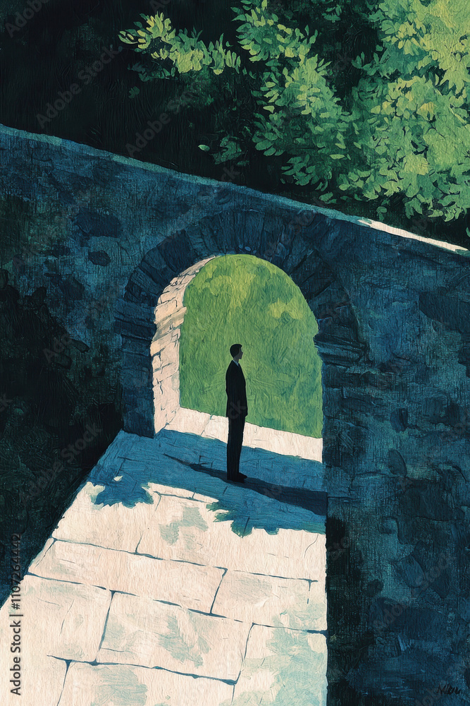 Poster exploring solitude and reflection: a contemplative journey through sunlit archways and shadowed path