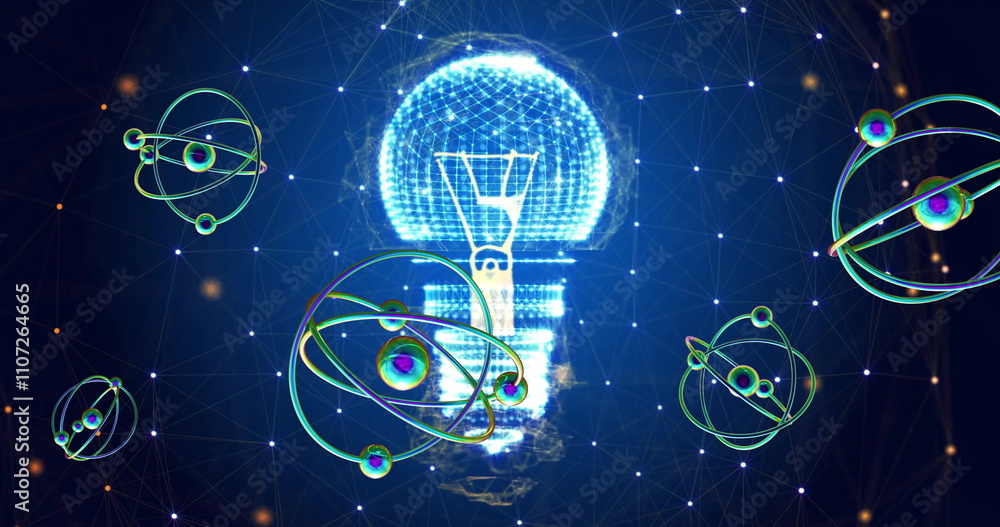 Poster image of atomic structures over light bulb and networks on blue background