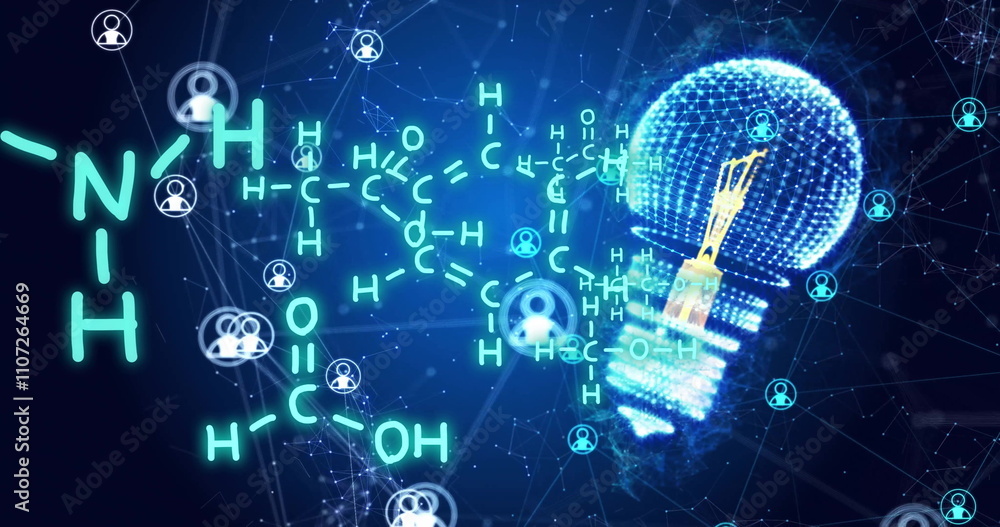 Poster image of element diagrams and icons over light bulb and networks on blue background