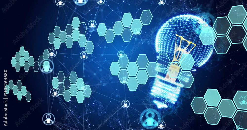 Poster image of element structures and icons over light bulb and networks