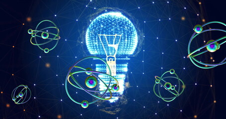 Image of atomic structures over light bulb and networks on blue background