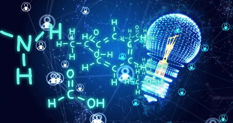 Image of element diagrams and icons over light bulb and networks on blue background