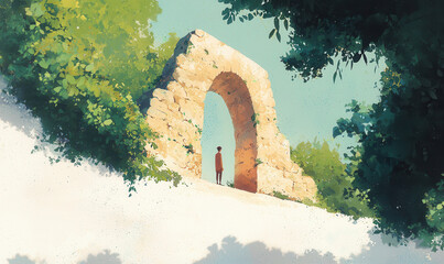 Explore the Tranquil Beauty of an Ancient Archway Enveloped in Lush Green Forest