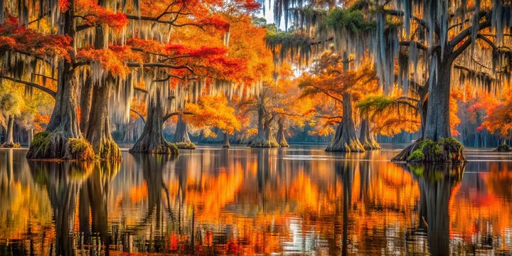 Vibrant Fall Colors at Caddo Lake State Park: A Macro Perspective of Cypress Trees and Spanish Moss in Autumn Serenity