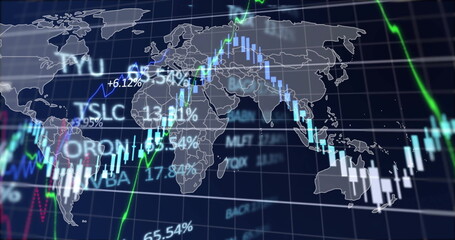 Image of data processing over diagrams and world map