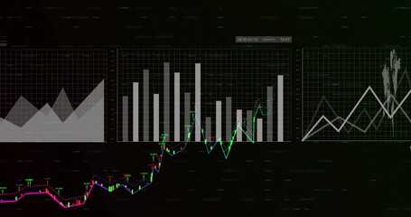 Image of data processing over diagrams on black background