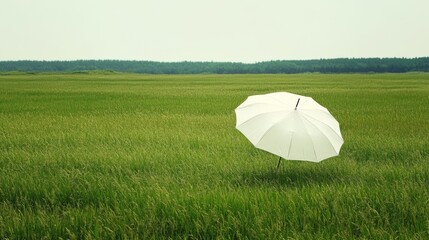 White umbrella in a green field.
