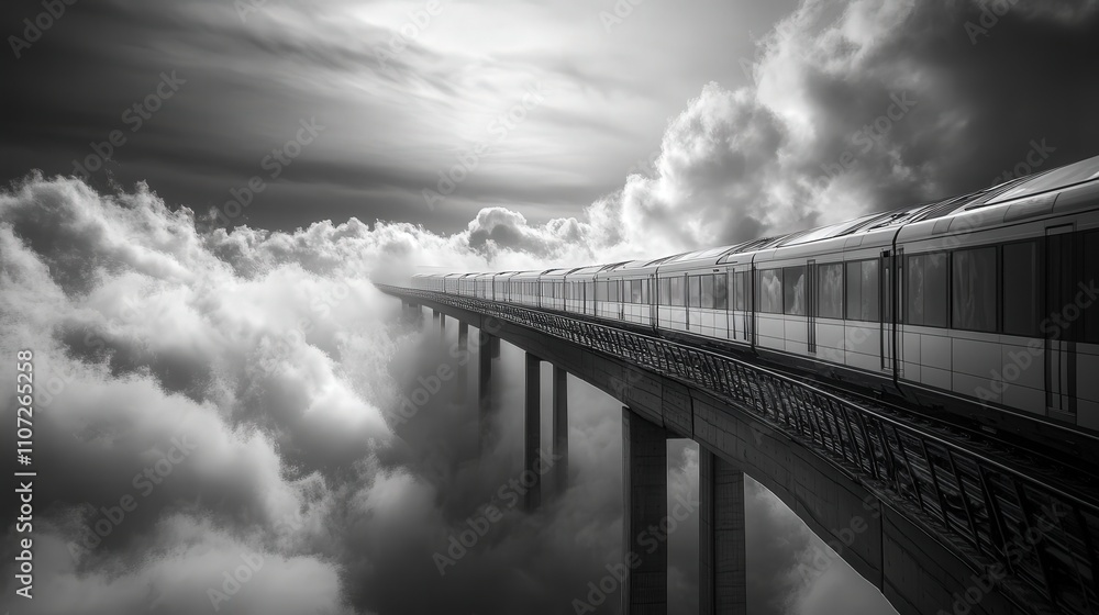 Poster monochrome image of train carriages on an elevated track, their sharp edges contrasting with the sof