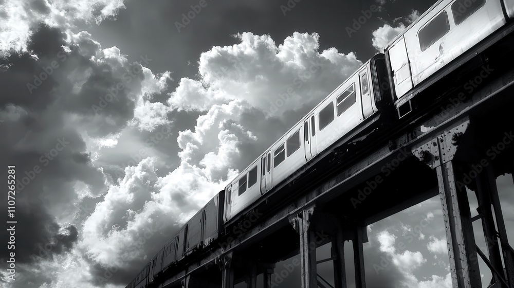 Poster monochrome image of train carriages on an elevated track, their sharp edges contrasting with the sof