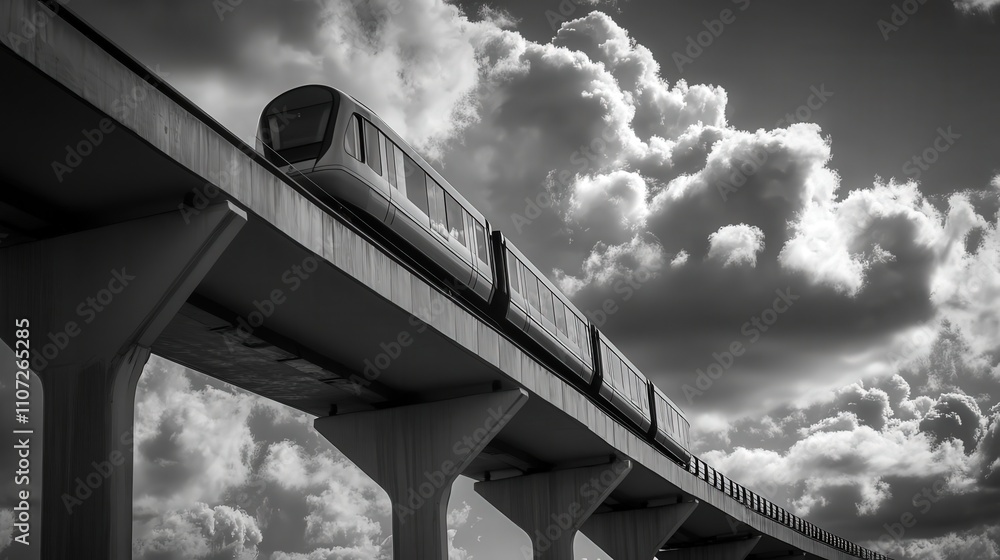 Poster monochrome image of train carriages on an elevated track, their sharp edges contrasting with the sof