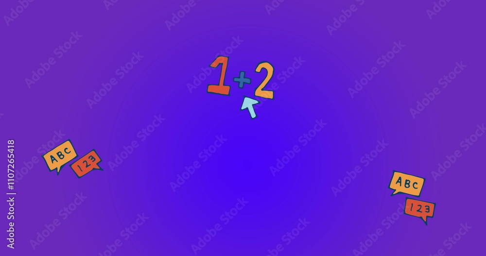 Poster image of letters and numbers text on purple background