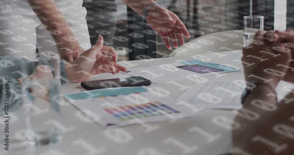 Aufkleber image of binary coding data processing over diverse business people in office