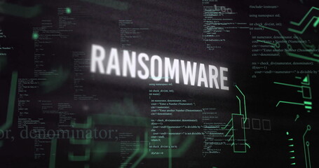 Image of ransomware text and digital data processing over black background