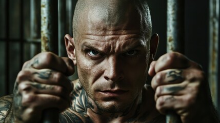 Bald, tattooed man stares intensely through jail bars, gripping them with a look of determination and aggression. Prisoner behind bars. Man who has committed a crime.