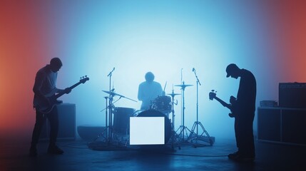 Silhouetted band performing in a colorful, foggy atmosphere with instruments.