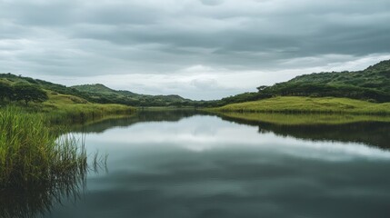Fototapeta premium Tranquil Lake Reflecting an Overcast Sky with Verdant Hills and Lush Forests on a Cloudy Summer Day