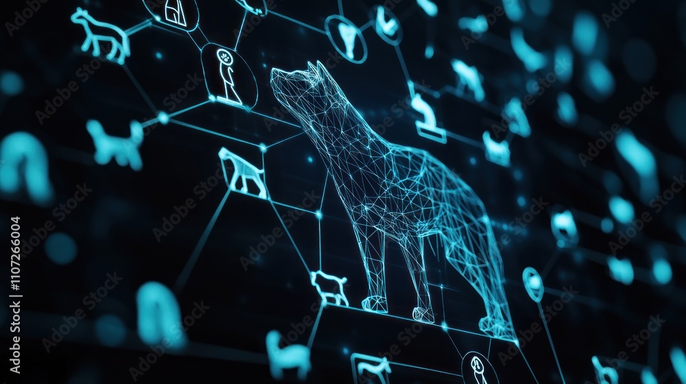 Poster a digital representation of a wolf within a network of interconnected symbols and icons.