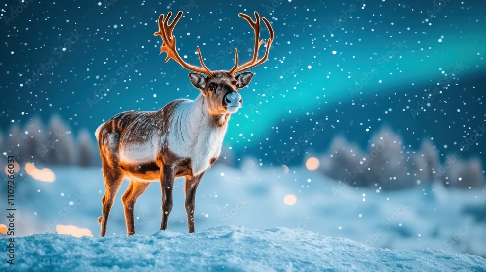 Poster reindeer standing in snowy field with aurora borealis in the background.