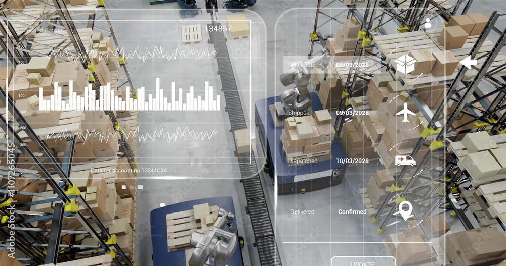 Aufkleber image of diagrams and data processing over machines working in warehouse