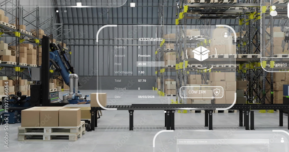 Aufkleber image of diagrams and data processing over machines working in warehouse