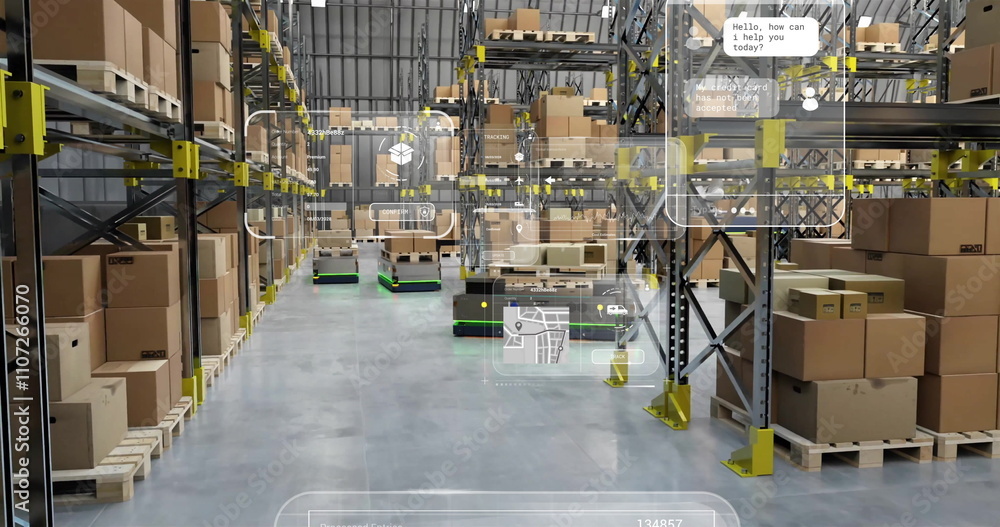 Aufkleber image of diagrams and data processing over machines working in warehouse