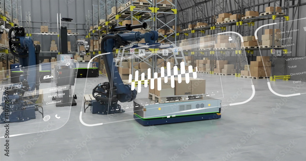 Aufkleber image of diagrams and data processing over machines working in warehouse