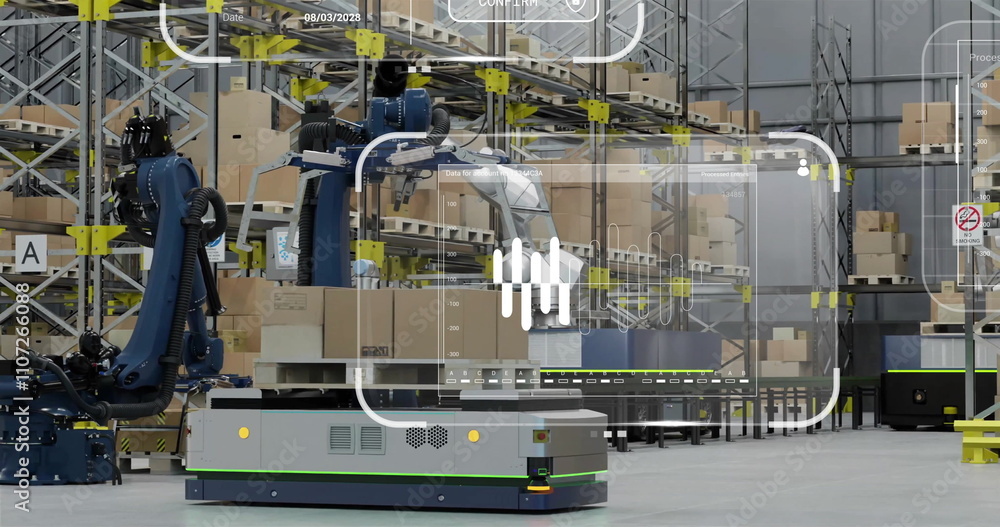 Aufkleber image of diagrams and data processing over machines working in warehouse